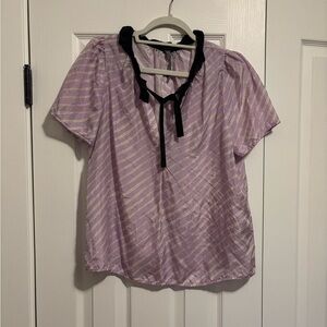 Raquel Allegra Lilac Striped Tie-Neck Blouse with Black Trim
